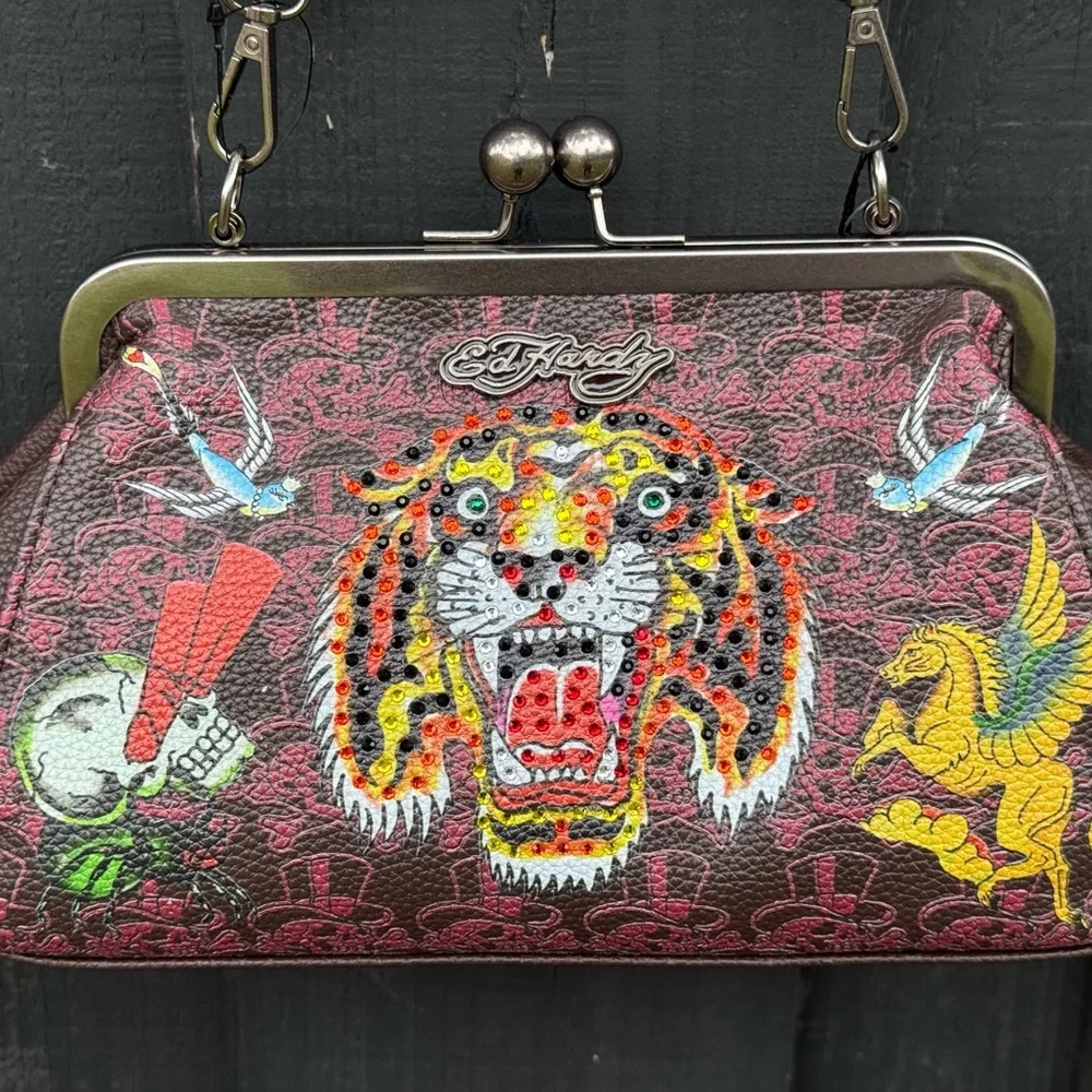 NWT ED HARDY KISS LOCK CLASP TIGER RHINESTONES FAUX LEATHER *Free Ship* - Picture 2 of 10